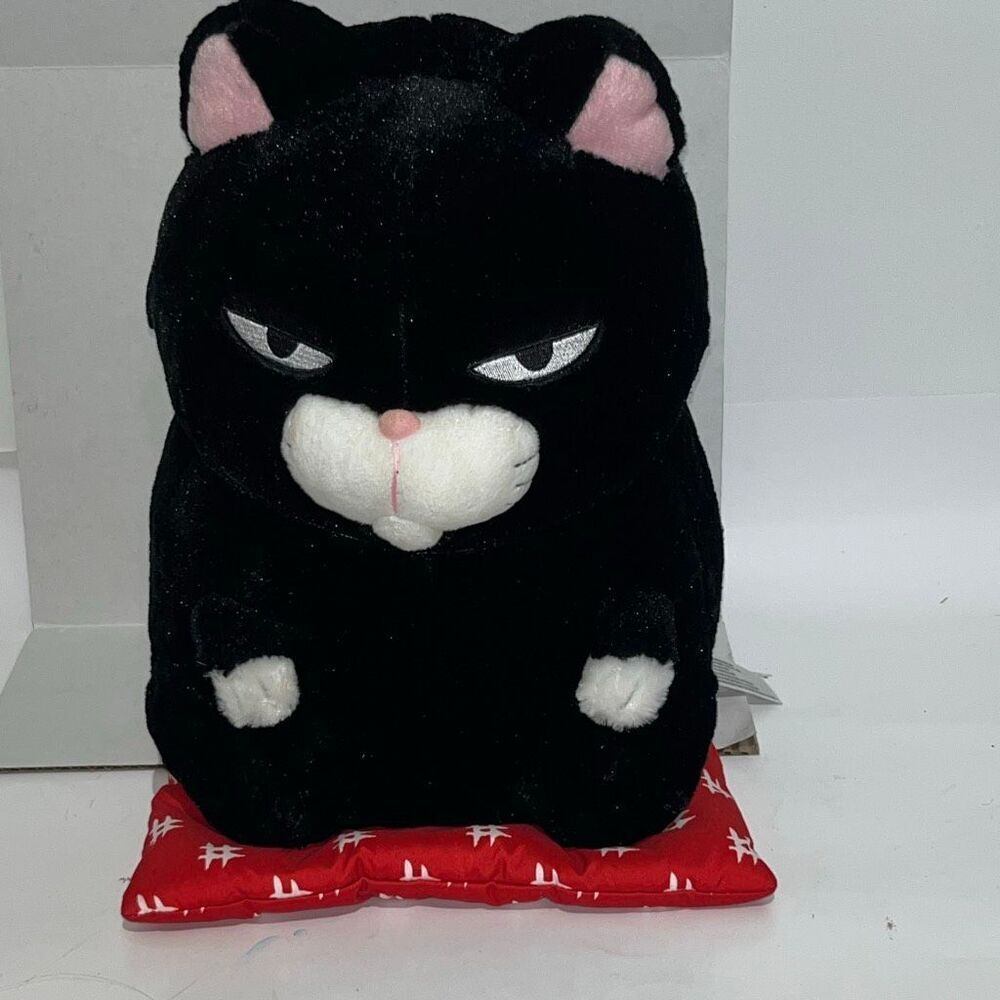 Aliquantum International Grumpy Black Cat Plush with Red Cushion Purple Bow 12in